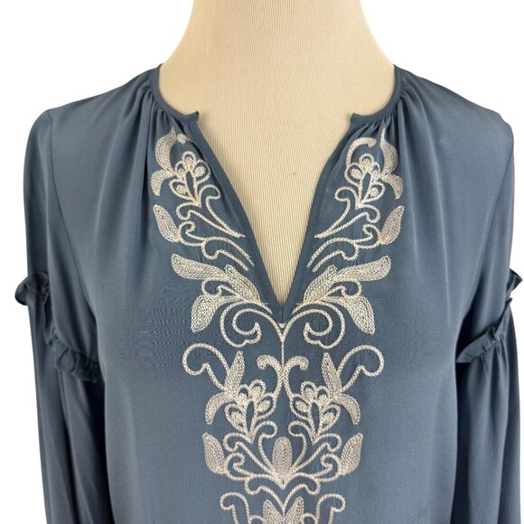 Parker Top Women's Extra Small Embroidered Silk Blouse Long Ruffle Sleeve‎ Blue - Picture 8 of 13
